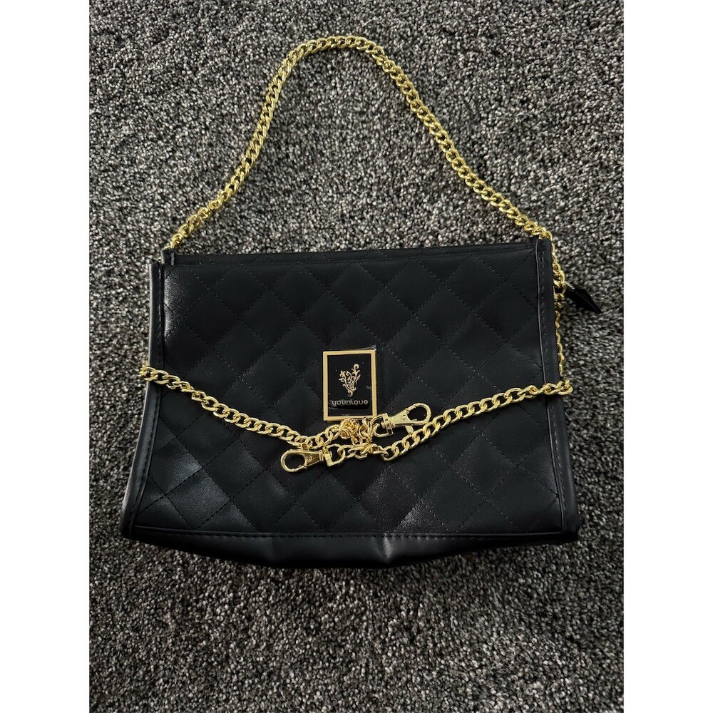 Younique Clutch Womens Small Black Quilted Zip Gold Chain Strap Logo Plate